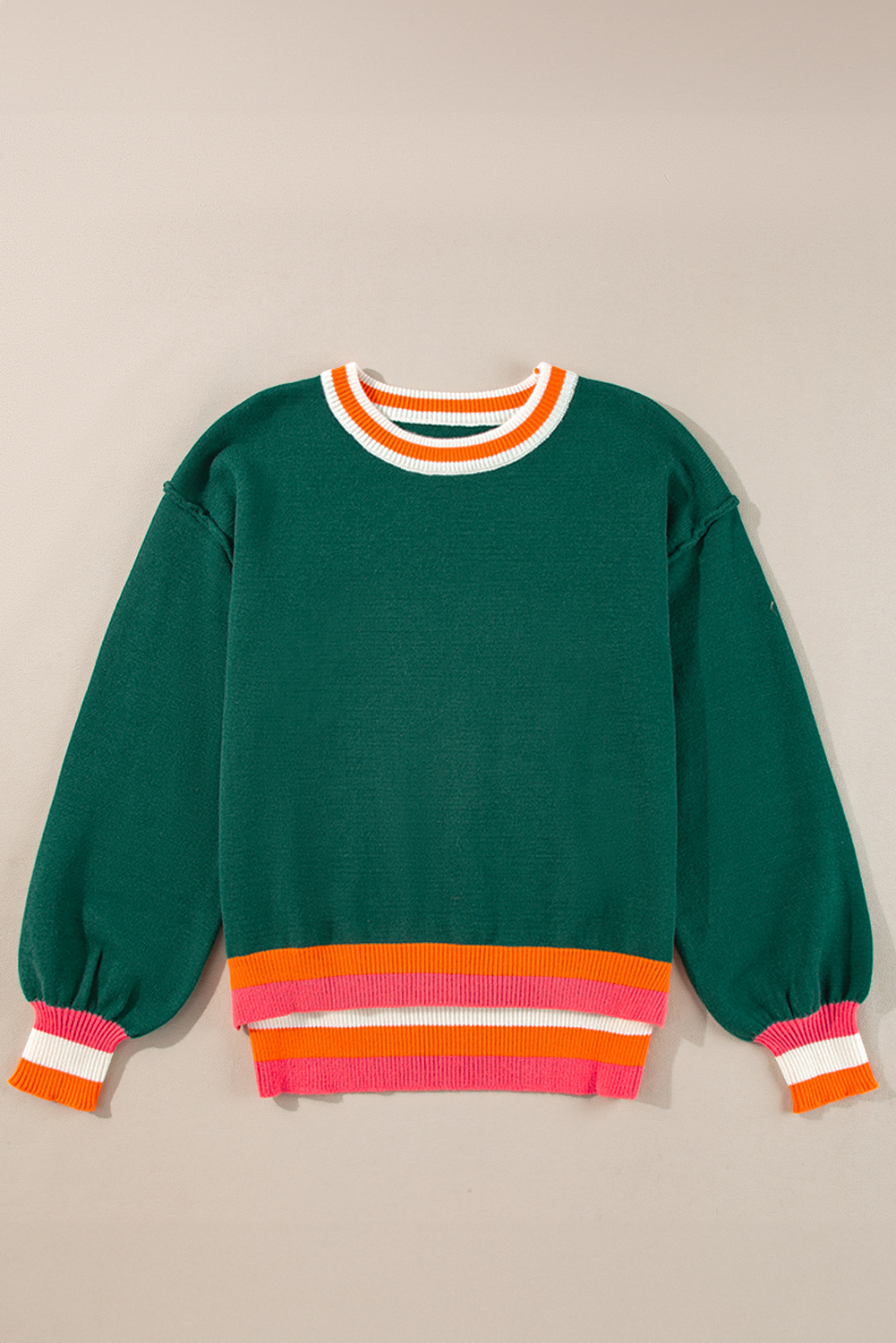 Women's Sweater, Blackish Green, Colorblock, Striped Trim, Drop Shoulder, Casual Style, Fall Fashion, Comfortable, Long Sleeve, Chic Outfit, Effortless Style, Daily Wear, Warm Clothing, Sweaters & Cardigans - Detail View 4 Women's Sweater, Blackish Green, Colorblock, Striped Trim, Drop Shoulder, Casual Style, Fall Fashion, Comfortable, Long Sleeve, Chic Outfit, Effortless Style, Daily Wear, Warm Clothing, Sweaters & Cardigans - Detail View 4