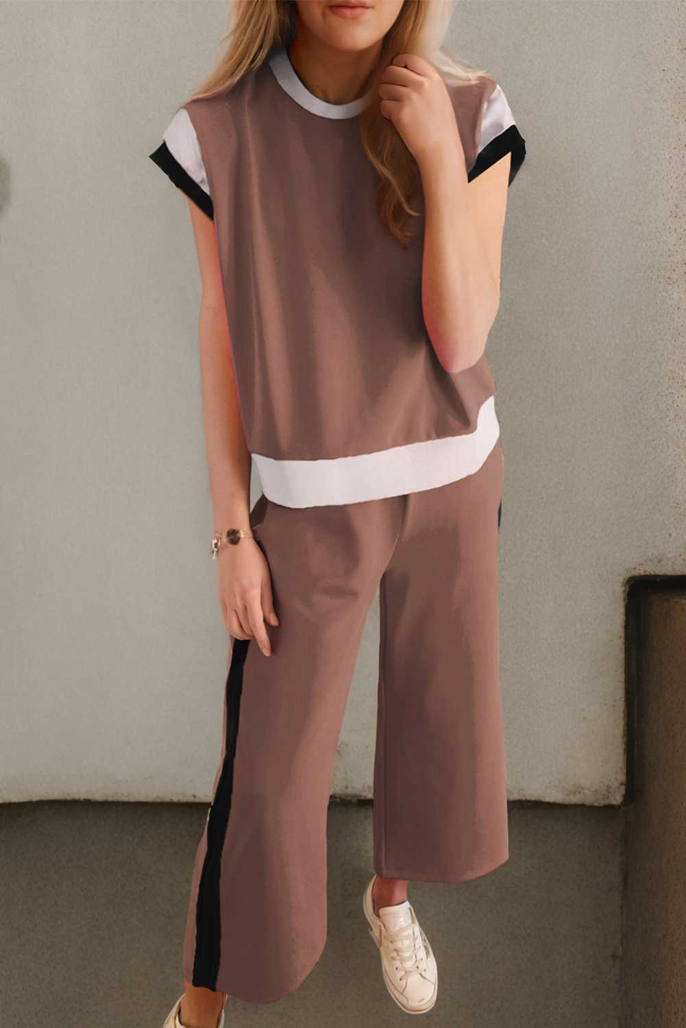 Women's Chestnut Color Block Two-Piece Casual Outfit with Crop Wide Leg Pants - Detail View 6 Women's Chestnut Color Block Two-Piece Casual Outfit with Crop Wide Leg Pants - Detail View 6