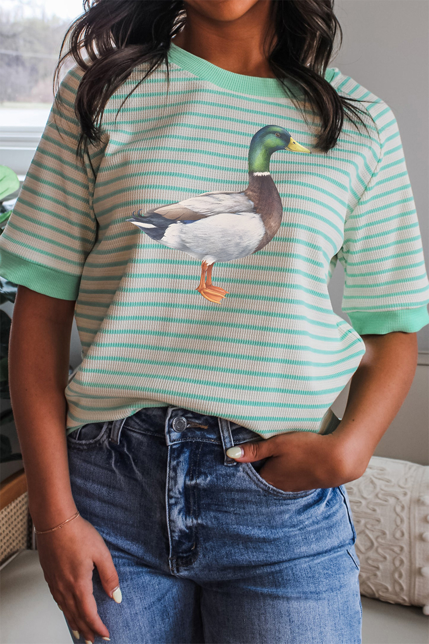 Women's Striped Raglan Tee, Casual Duck Graphic Top - Detail View 3 Women's Striped Raglan Tee, Casual Duck Graphic Top - Detail View 3