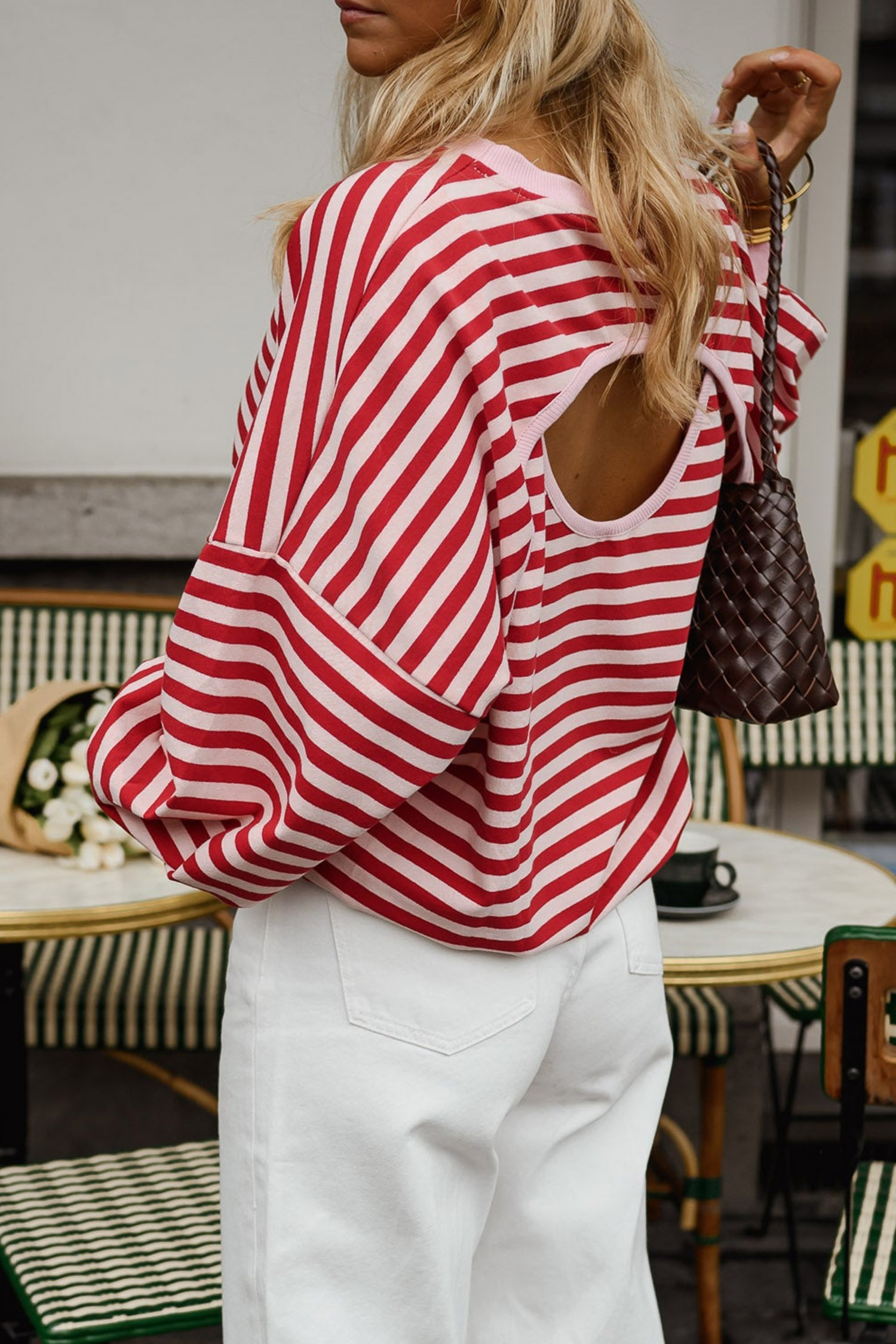Women's Striped Cutout Top, Casual Open Back Long Sleeve - Detail View 7 Women's Striped Cutout Top, Casual Open Back Long Sleeve - Detail View 7