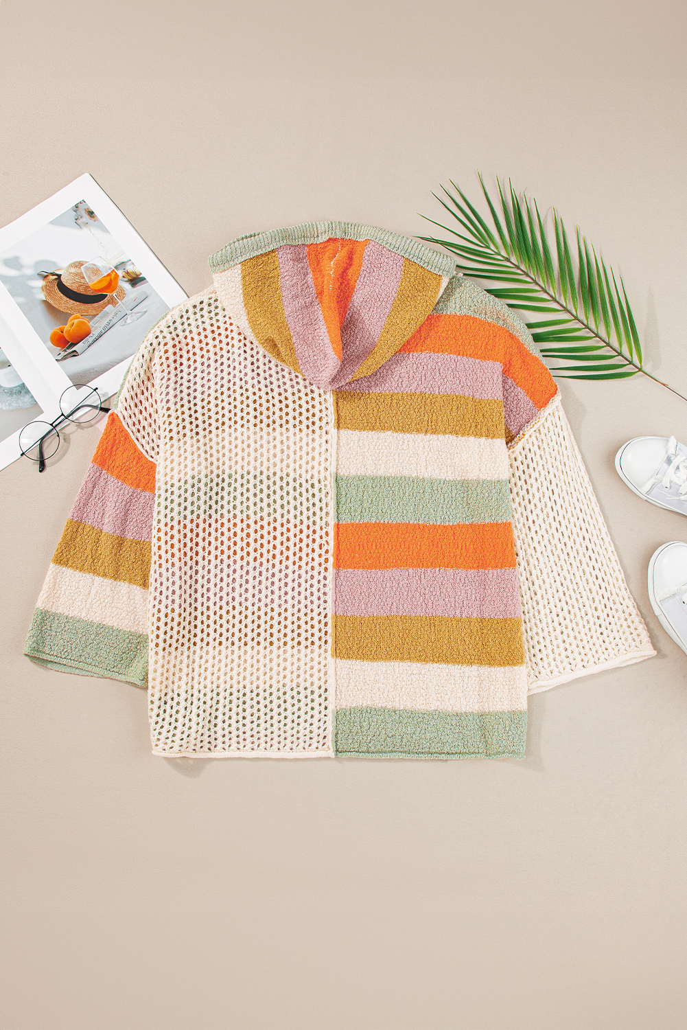 Stylish Long Sleeve Knit Sweater: Beige Colorblock Design - Detail View 7 Stylish Long Sleeve Knit Sweater: Beige Colorblock Design - Detail View 7