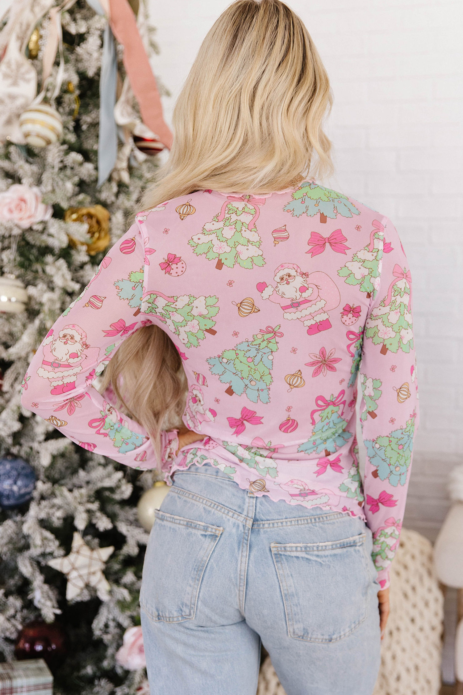 Holiday Print Mesh Tee, Mock Neck Slim Fit Women's Top - Detail View 2 Holiday Print Mesh Tee, Mock Neck Slim Fit Women's Top - Detail View 2