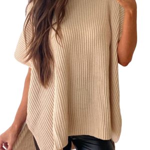 Women's Apricot Short Sleeve Side Slit Oversized Sweater - Main View