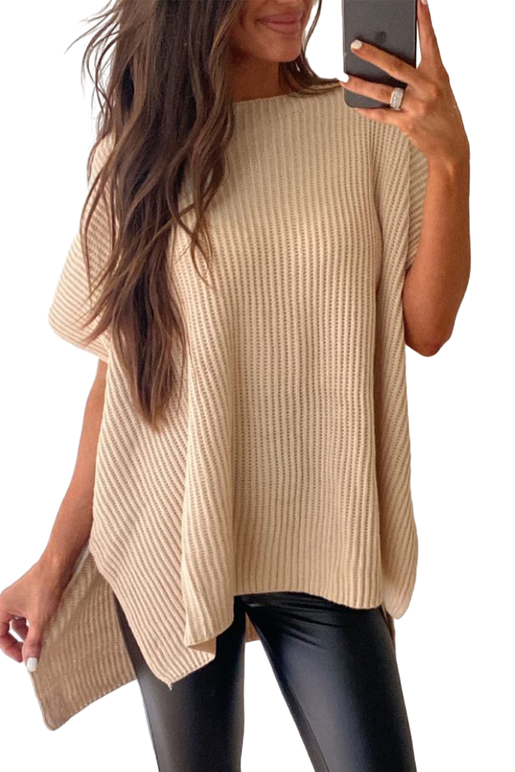 Women's Apricot Short Sleeve Side Slit Oversized Sweater - Main View Women's Apricot Short Sleeve Side Slit Oversized Sweater - Main View