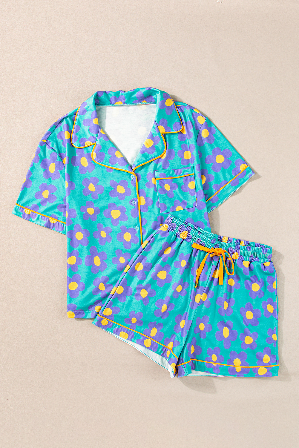 Women's Floral Pajama Set, Short Sleeve Button Down Loungewear - Detail View 4 Women's Floral Pajama Set, Short Sleeve Button Down Loungewear - Detail View 4