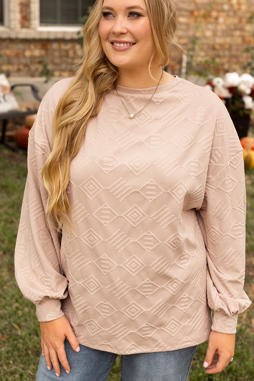 Plus Size Sweatshirt, Women's Sweatshirt, Parchment Color, Textured Fabric, Drop Shoulder, Crew Neck, Casual Wear, Relaxed Fit, Daily Wear, Cozy, Comfortable, Fall Fashion, Versatile Style, Long Sleeve, Solid Color, Shift Silhouette, Trendy Plus Size Clothing - Detail View 8 Plus Size Sweatshirt, Women's Sweatshirt, Parchment Color, Textured Fabric, Drop Shoulder, Crew Neck, Casual Wear, Relaxed Fit, Daily Wear, Cozy, Comfortable, Fall Fashion, Versatile Style, Long Sleeve, Solid Color, Shift Silhouette, Trendy Plus Size Clothing - Detail View 8