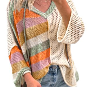 Women's Beige Oversized Colorblock V-Neck Hooded Sweater - Main View