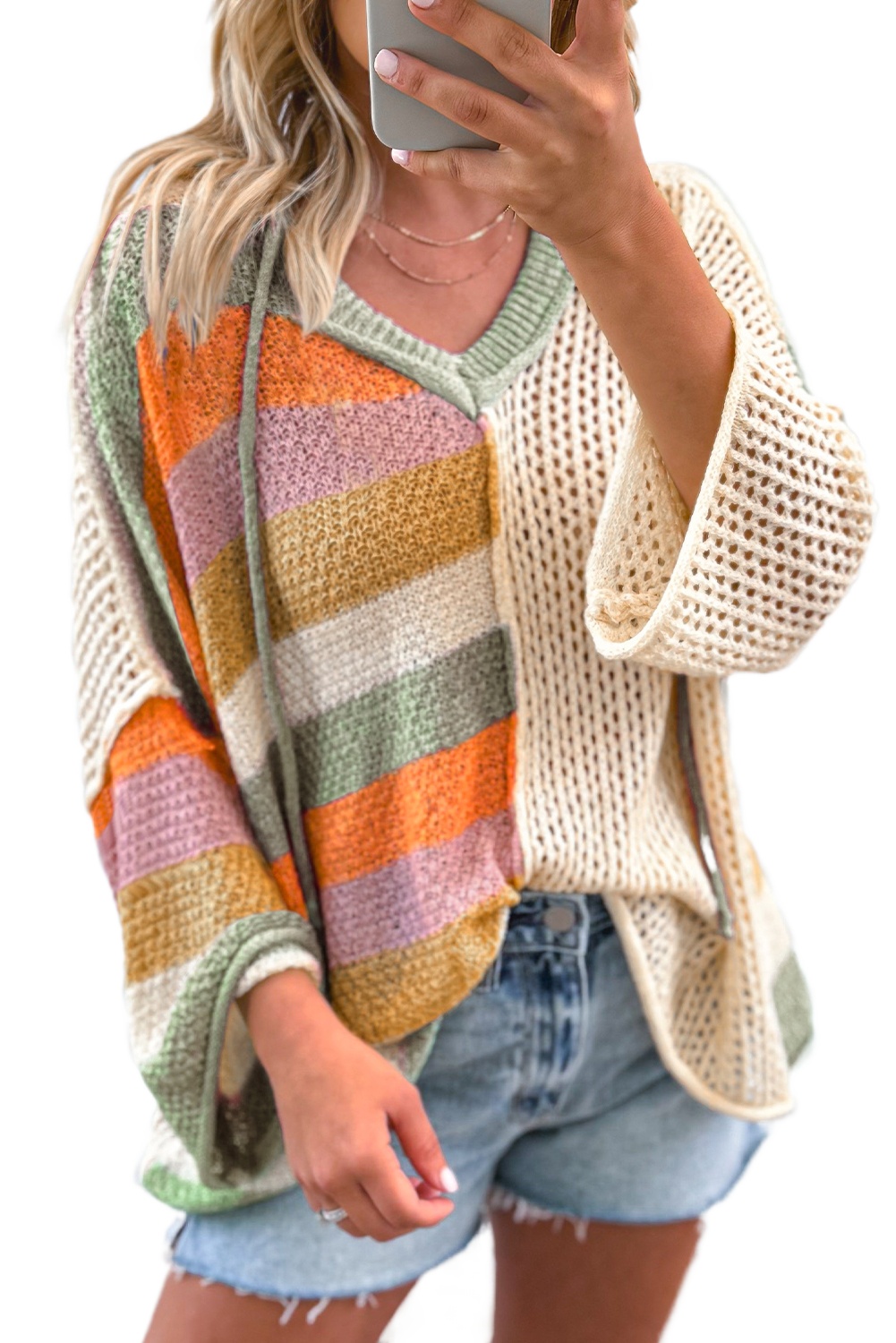 Women's Beige Oversized Colorblock V-Neck Hooded Sweater - Main View Women's Beige Oversized Colorblock V-Neck Hooded Sweater - Main View