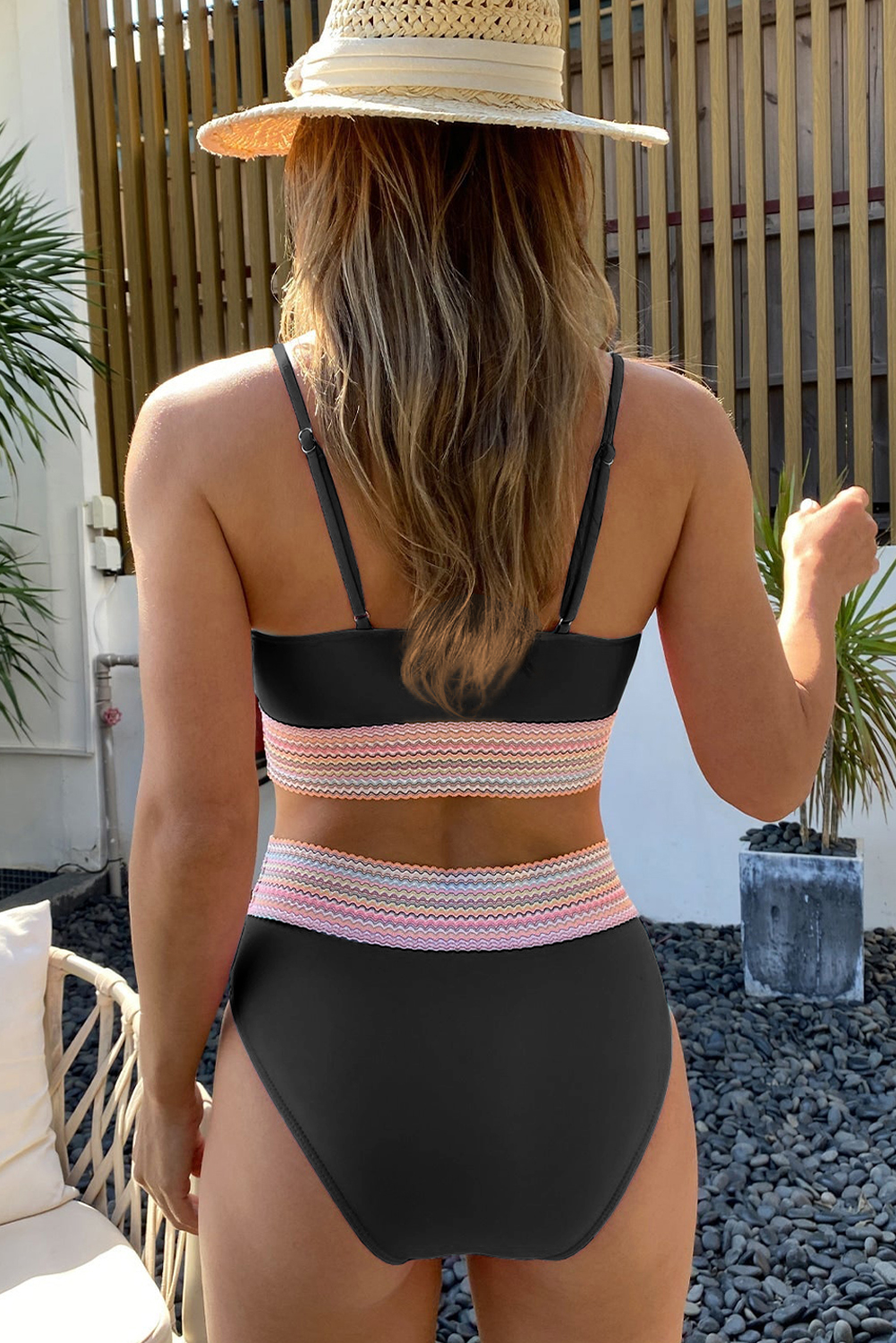 Women's High Waisted Bikini, Striped Patchwork Beach Set - Detail View 4 Women's High Waisted Bikini, Striped Patchwork Beach Set - Detail View 4