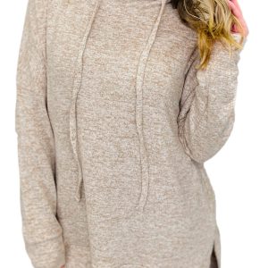 Women's Apricot Drawstring Cowl Neck Long Sleeve Split Top - Chic & Cozy - Main View