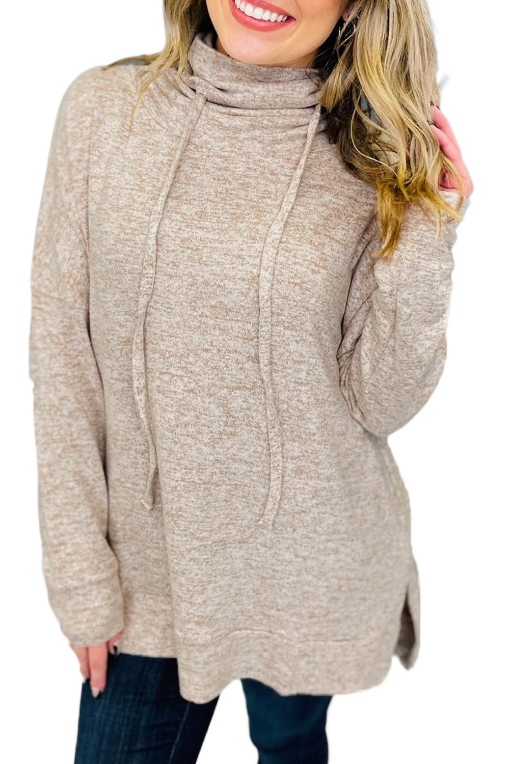 Women's Apricot Drawstring Cowl Neck Long Sleeve Split Top - Chic & Cozy - Main View Women's Apricot Drawstring Cowl Neck Long Sleeve Split Top - Chic & Cozy - Main View