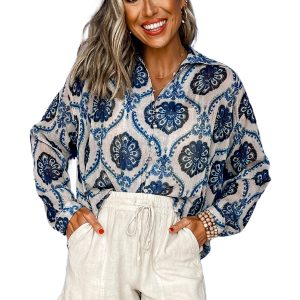 Women's Bohemian Blue Tribal Pattern Long Sleeve Shirt - Main View