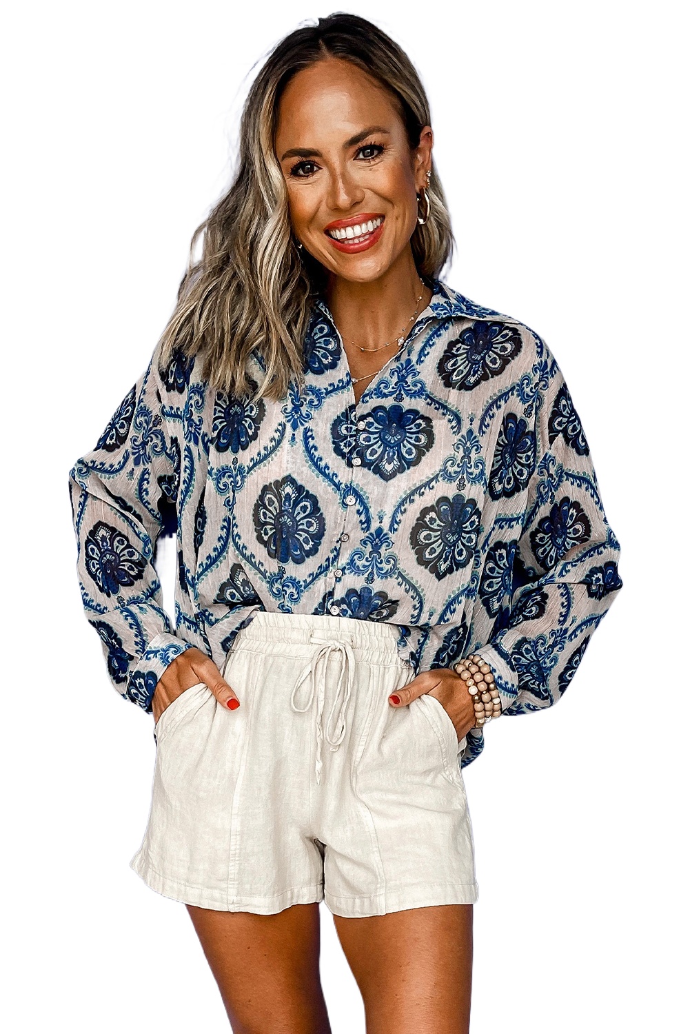 Women's Bohemian Blue Tribal Pattern Long Sleeve Shirt - Main View Women's Bohemian Blue Tribal Pattern Long Sleeve Shirt - Main View