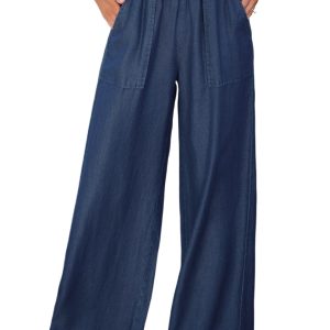 Women's Sail Blue Smocked High Waist Wide Leg Jeans with Side Pockets - Main View