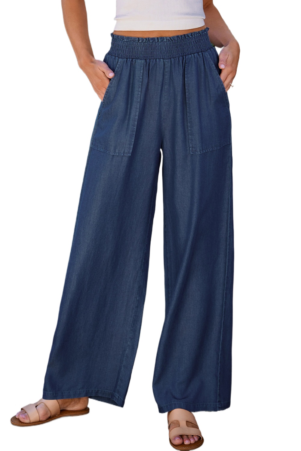 Women's Sail Blue Smocked High Waist Wide Leg Jeans with Side Pockets - Main View Women's Sail Blue Smocked High Waist Wide Leg Jeans with Side Pockets - Main View