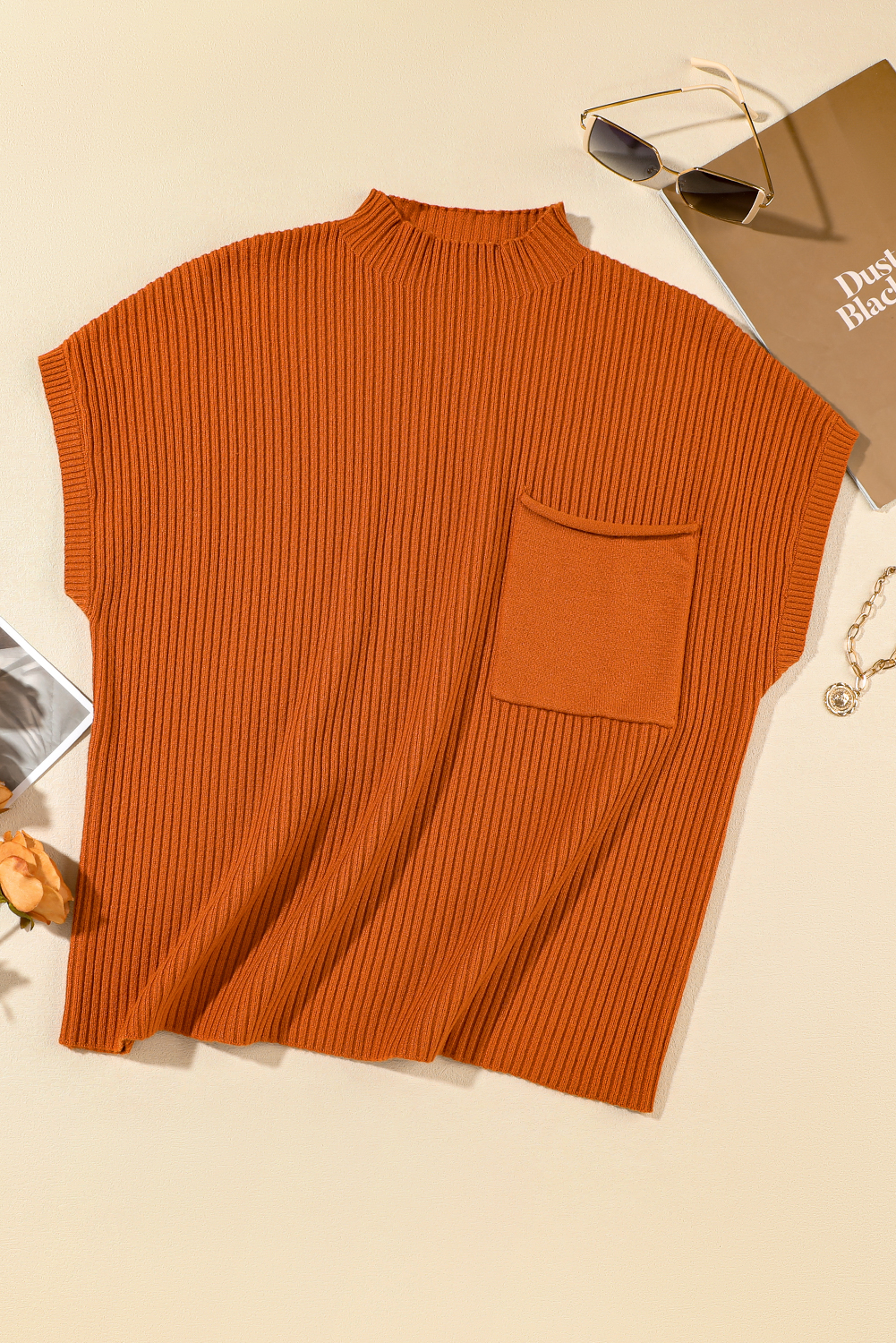 Women's Ribbed Knit Sweater, Casual Short Sleeve Mock Neck - Detail View 4 Women's Ribbed Knit Sweater, Casual Short Sleeve Mock Neck - Detail View 4