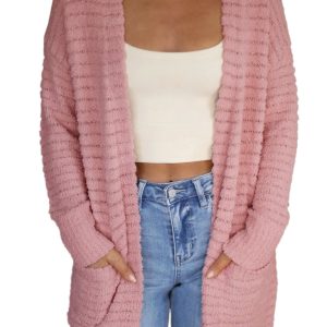Women's Light Pink Cardigan, Open Front Soft Fuzzy Sweater - Main View