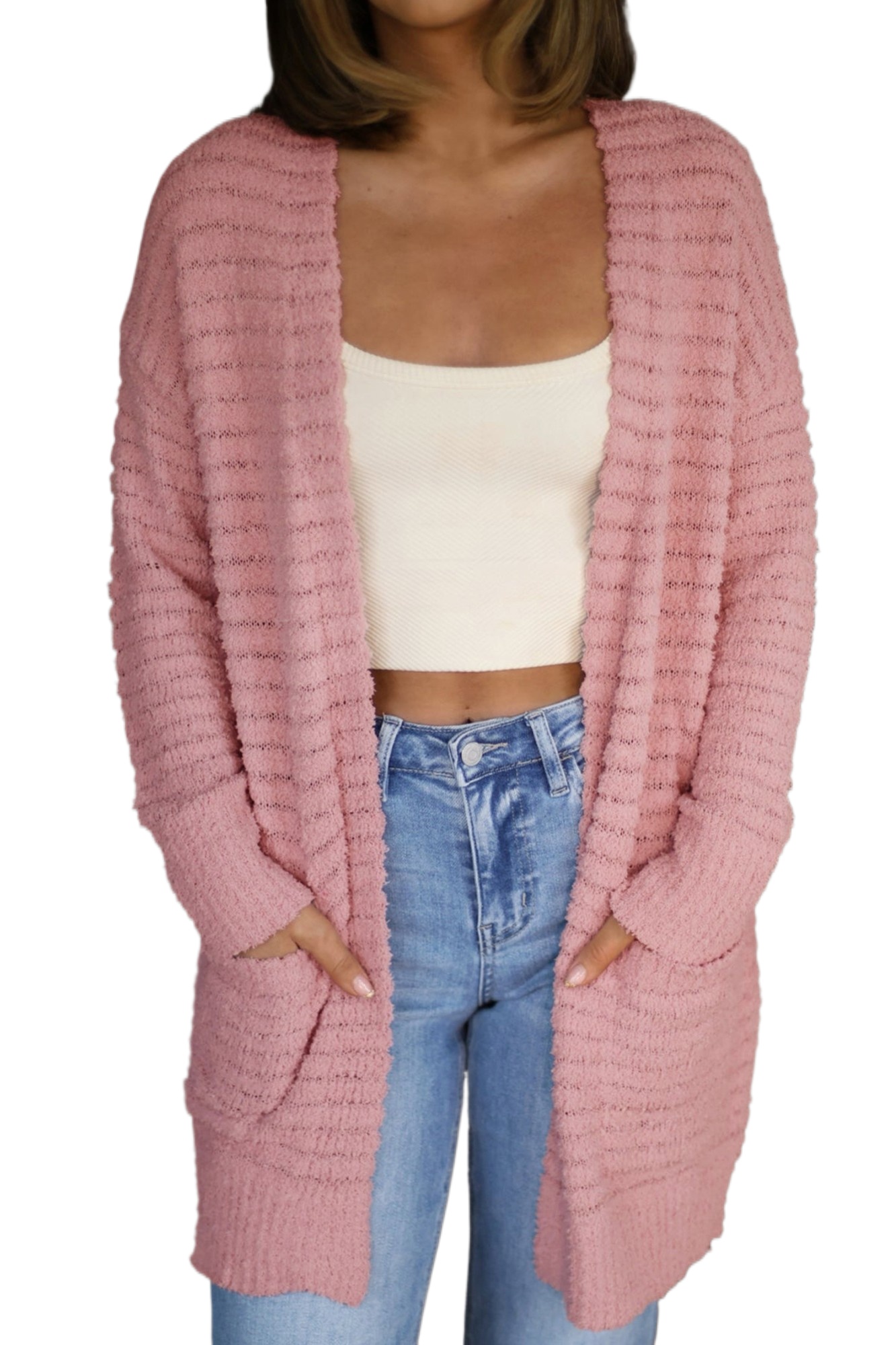 Women's Light Pink Cardigan, Open Front Soft Fuzzy Sweater - Main View Women's Light Pink Cardigan, Open Front Soft Fuzzy Sweater - Main View