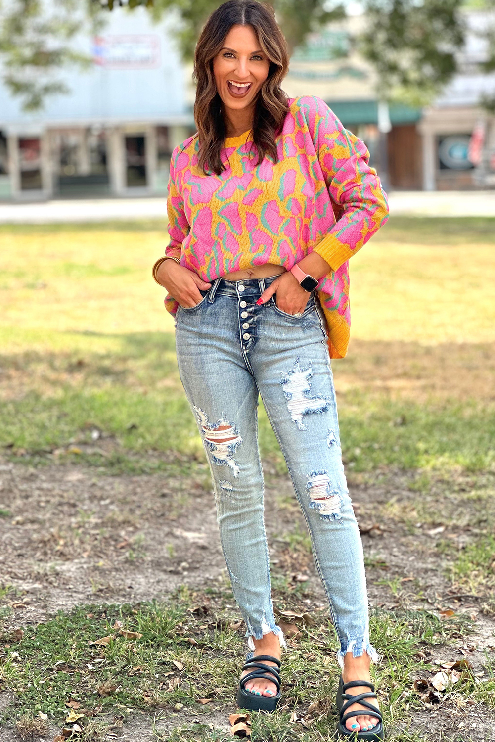 Relaxed Fit Long Sleeve Sweater: Abstract Print in Vitality Orange - Detail View 7 Relaxed Fit Long Sleeve Sweater: Abstract Print in Vitality Orange - Detail View 7
