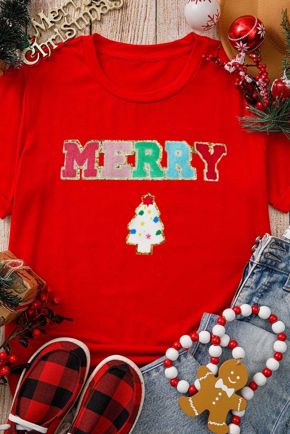 Women's Red Chenille MERRY Christmas Tree Graphic Tee - Festive Holiday Shirt - Detail View 9 Women's Red Chenille MERRY Christmas Tree Graphic Tee - Festive Holiday Shirt - Detail View 9