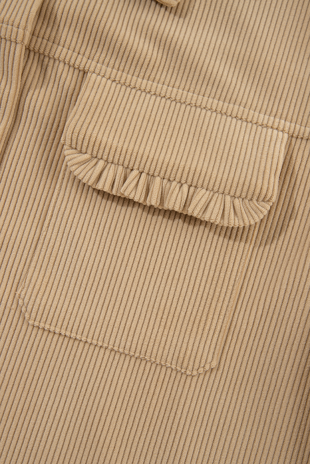 Women's Shacket, Light French Beige, Solid Color, Corduroy, Frilled Flap Pocket, Button Up, Long Sleeve, Winter Wear, Daily Wear, Versatile, Elegant, Classic Collar, Soft Texture, Outerwear, Jackets - Detail View 10 Women's Shacket, Light French Beige, Solid Color, Corduroy, Frilled Flap Pocket, Button Up, Long Sleeve, Winter Wear, Daily Wear, Versatile, Elegant, Classic Collar, Soft Texture, Outerwear, Jackets - Detail View 10