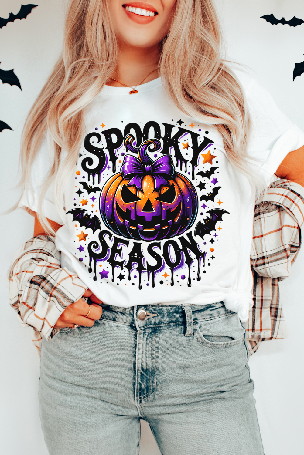 Graphic Halloween T-Shirt - White SPOOKY SEASON with Pumpkin Bat Design - Detail View 2 Graphic Halloween T-Shirt - White SPOOKY SEASON with Pumpkin Bat Design - Detail View 2