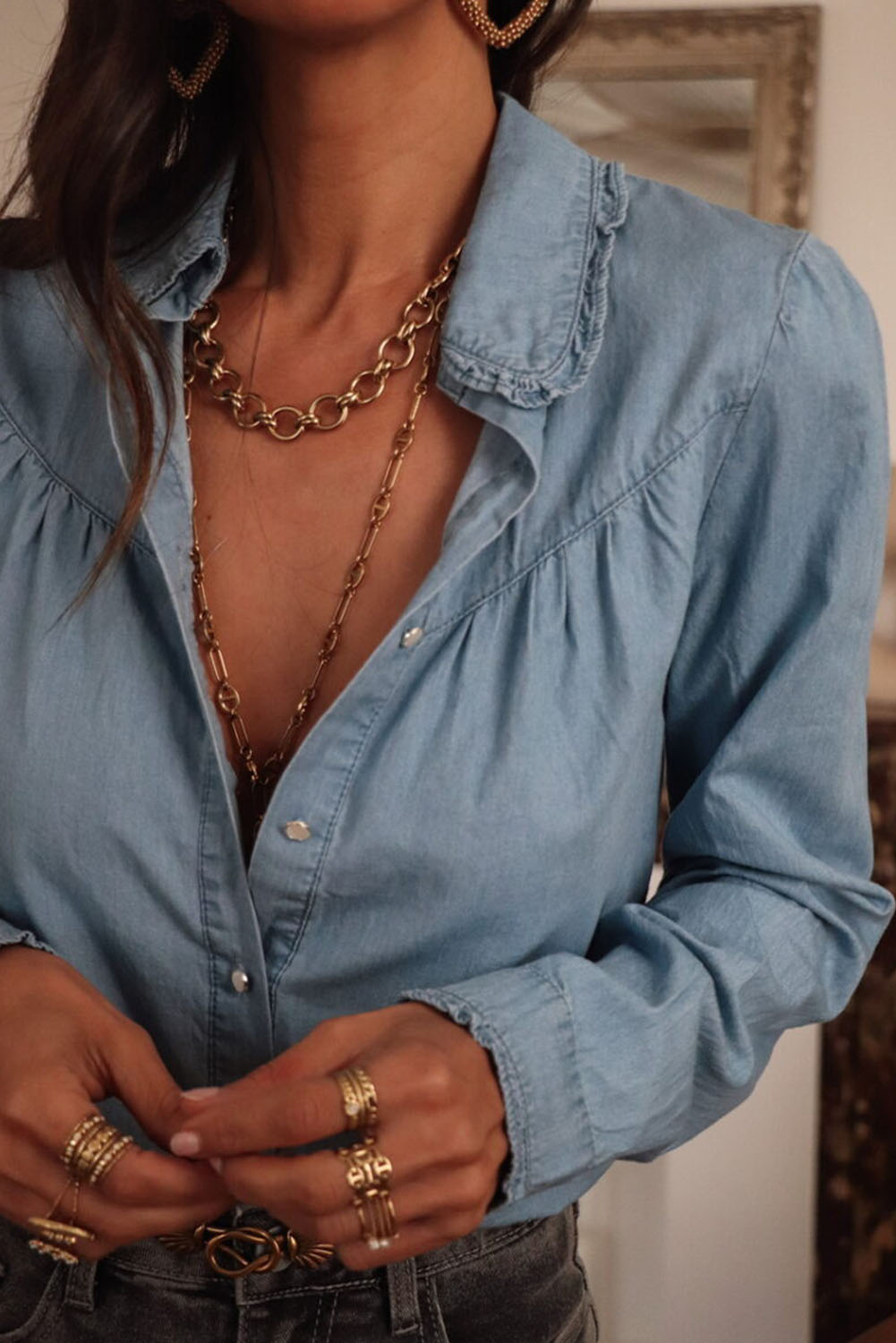 Women's Dusk Blue Turn-down Collar Chambray Shirt - Detail View 6 Women's Dusk Blue Turn-down Collar Chambray Shirt - Detail View 6