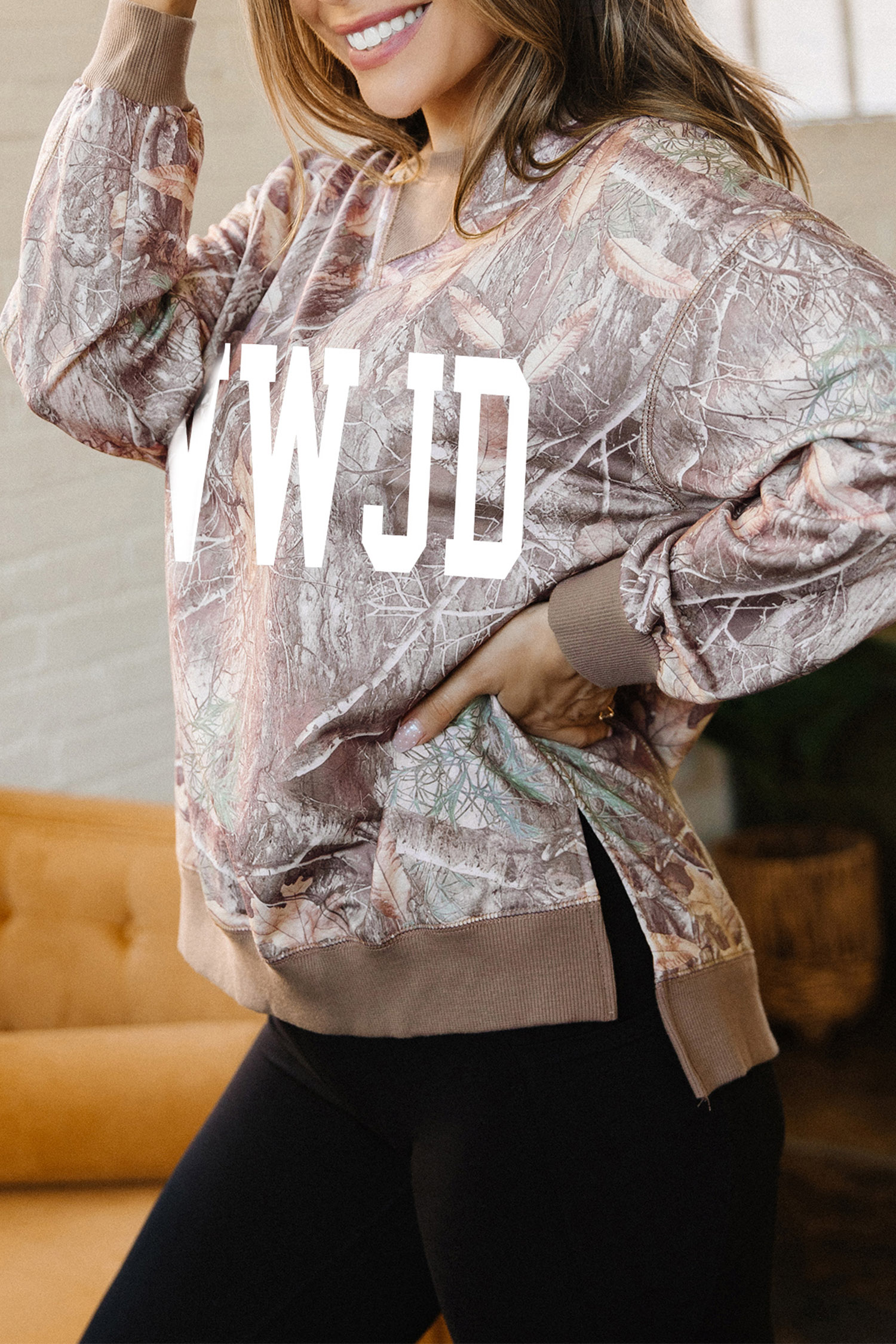 Women's Printed Camo Sweatshirt, Casual Round Neck Long Sleeve - Detail View 3 Women's Printed Camo Sweatshirt, Casual Round Neck Long Sleeve - Detail View 3