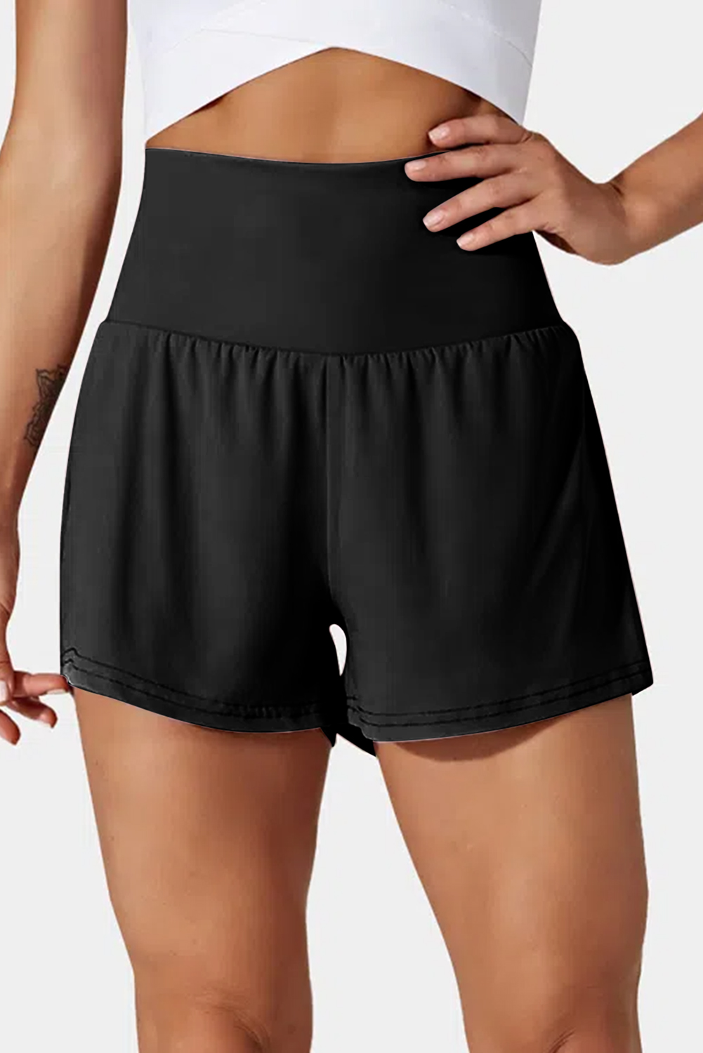 Chic and Versatile Swimwear: Black Pocketed Wide Waistband Shorts - Detail View 2 Chic and Versatile Swimwear: Black Pocketed Wide Waistband Shorts - Detail View 2