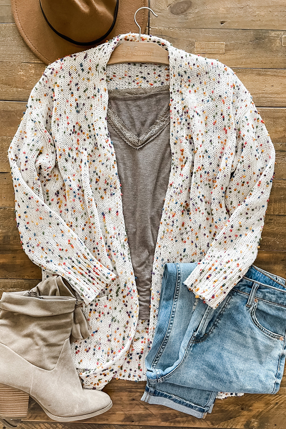 Women's White Multicolor Dotted Rib Knit Long Sleeve Cardigan - Detail View 6 Women's White Multicolor Dotted Rib Knit Long Sleeve Cardigan - Detail View 6