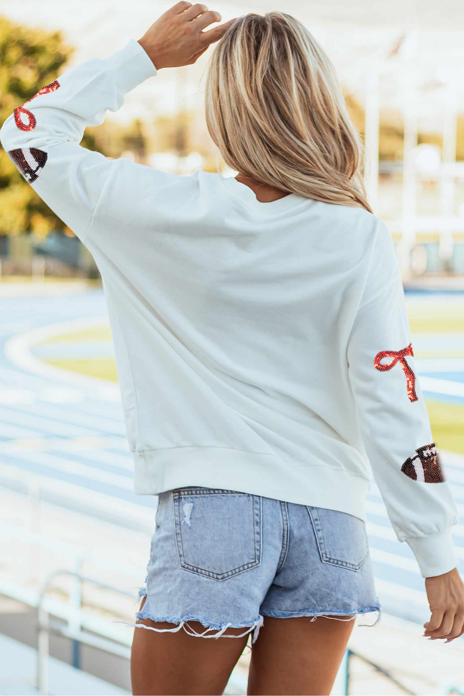 Casual Sequin Bow Pullover, Women's Autumn Rugby Graphic - Detail View 9 Casual Sequin Bow Pullover, Women's Autumn Rugby Graphic - Detail View 9