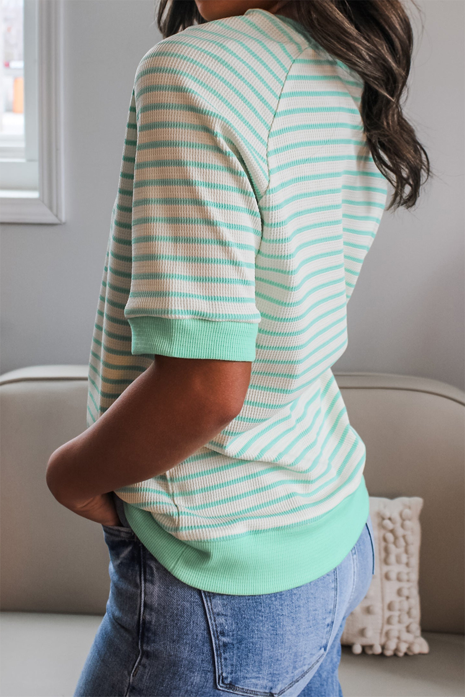 Women's Mallard Duck T-Shirt, Green Stripe Raglan Tee - Detail View 5 Women's Mallard Duck T-Shirt, Green Stripe Raglan Tee - Detail View 5