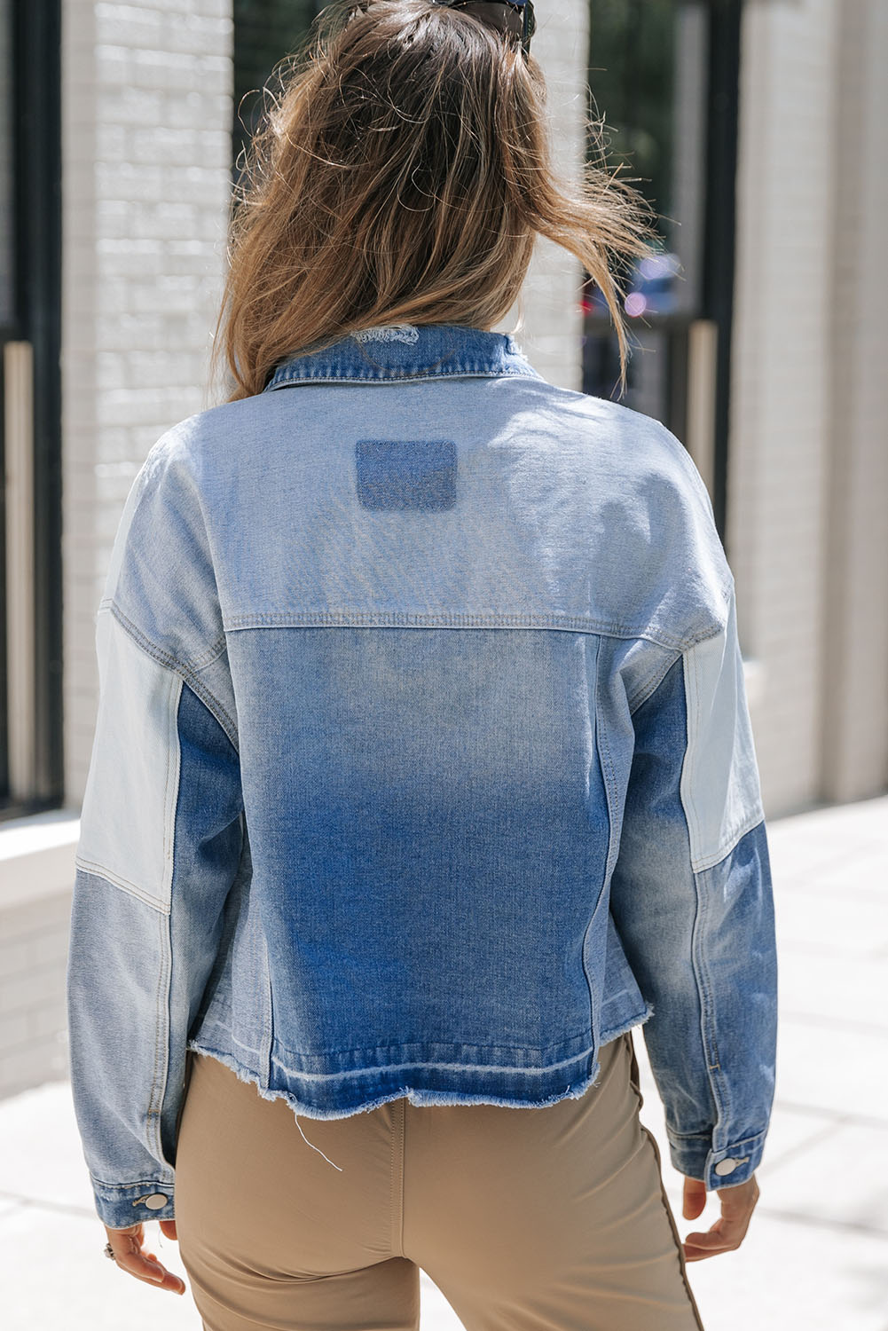 Stylish Patchwork Denim Jacket, Light Blue Frayed Hem Coat - Detail View 2 Stylish Patchwork Denim Jacket, Light Blue Frayed Hem Coat - Detail View 2
