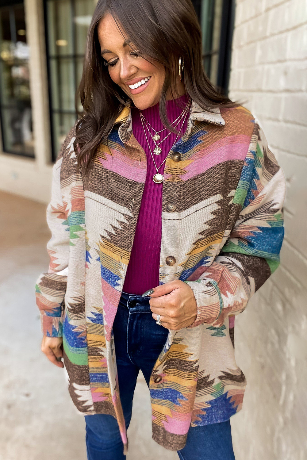 Stay warm and stylish this fall and autumn with this Women's White Aztec Print Button Up Shacket. The vibrant Aztec print design adds a touch of cultural richness and sophistication, making it perfect for everyday wear. The button up styling allows for both layered and open wear, perfect for transitioning from casual to smart casual attire. Pair it with jeans for a chic and effortless look, or wear it over a dress for a more dressed-up ensemble. Made from 100% polyester, this shacket is not only stylish but also comfortable and durable. - Detail View 4 Stay warm and stylish this fall and autumn with this Women's White Aztec Print Button Up Shacket. The vibrant Aztec print design adds a touch of cultural richness and sophistication, making it perfect for everyday wear. The button up styling allows for both layered and open wear, perfect for transitioning from casual to smart casual attire. Pair it with jeans for a chic and effortless look, or wear it over a dress for a more dressed-up ensemble. Made from 100% polyester, this shacket is not only stylish but also comfortable and durable. - Detail View 4