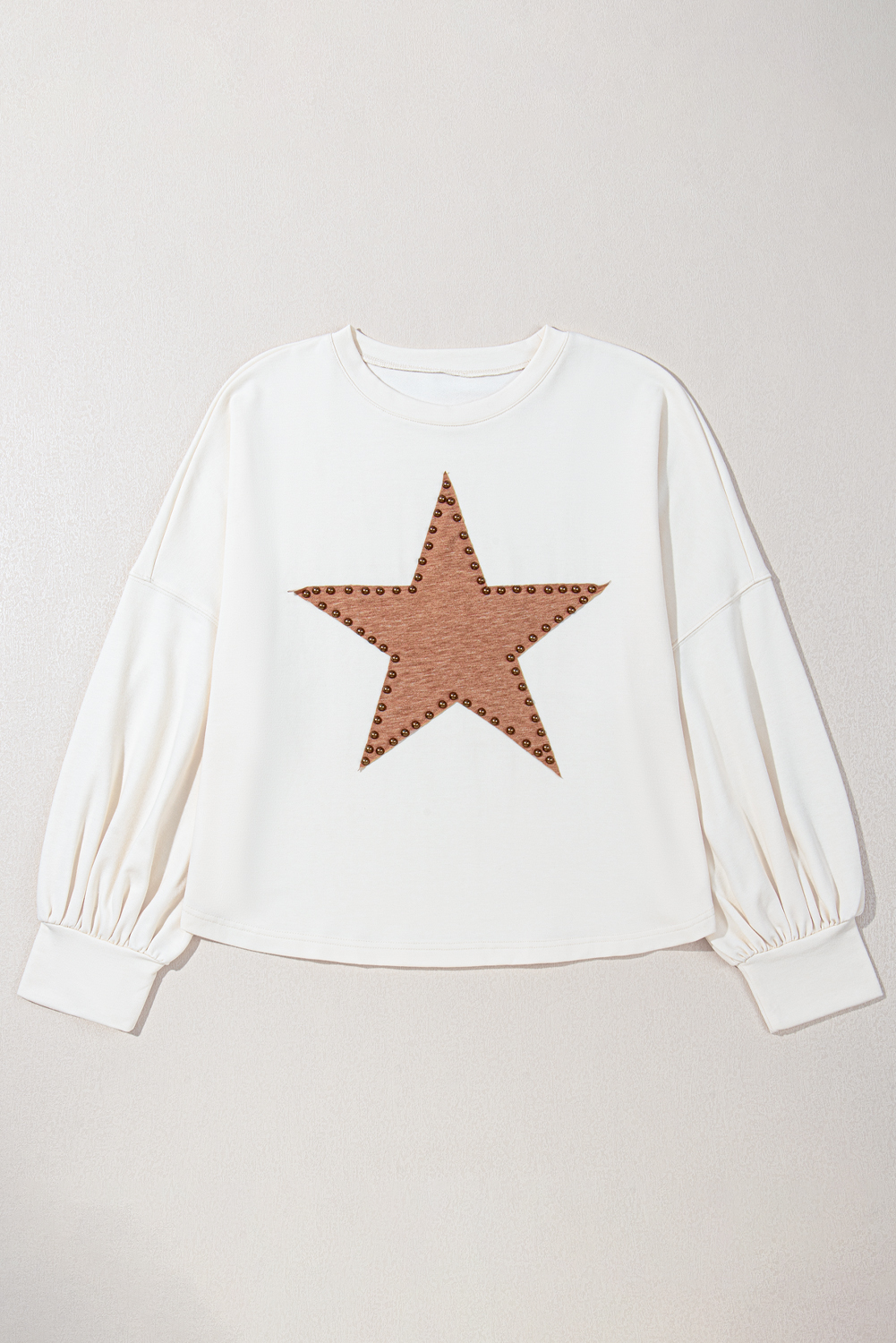Women's Plus Size T-Shirt, Beige T-Shirt, Studded Star Pattern, Crew Neck, Long Sleeve, Casual, Everyday Wear, Relaxed Fit, Stylish Outfit, Comfortable, Fall Fashion, Tops, Plus Size Tops, Shift Silhouette - Detail View 8 Women's Plus Size T-Shirt, Beige T-Shirt, Studded Star Pattern, Crew Neck, Long Sleeve, Casual, Everyday Wear, Relaxed Fit, Stylish Outfit, Comfortable, Fall Fashion, Tops, Plus Size Tops, Shift Silhouette - Detail View 8