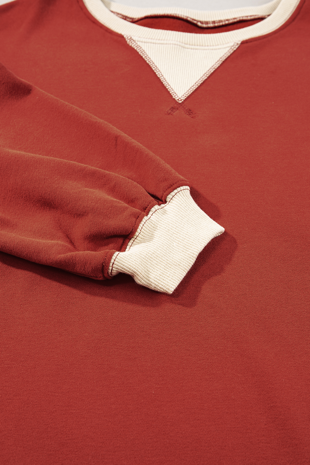 Women's Red Clay Color Block Patch Drop Shoulder Oversized Sweatshirt - Detail View 11 Women's Red Clay Color Block Patch Drop Shoulder Oversized Sweatshirt - Detail View 11