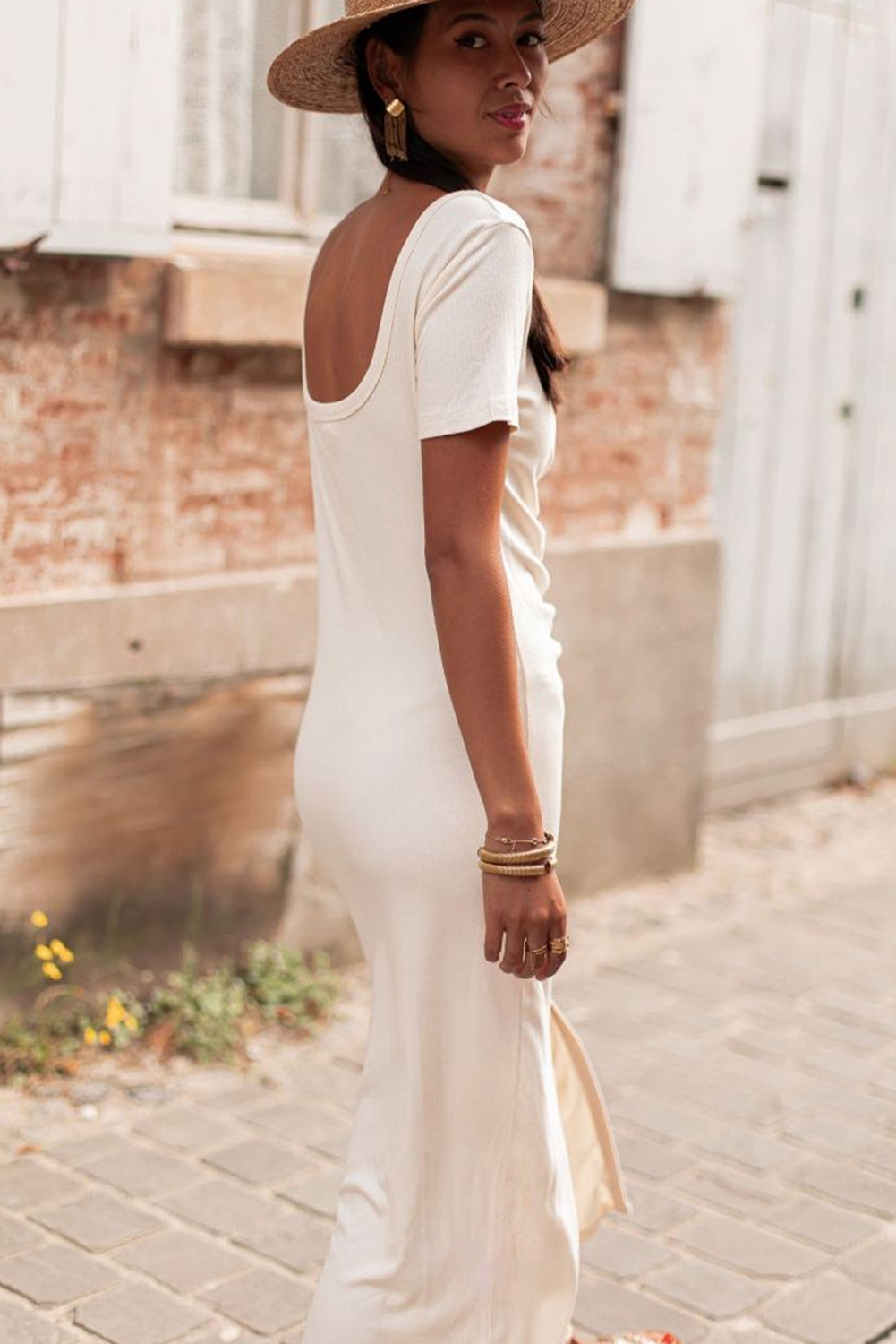 Women's Ribbed V Neck Maxi Dress, Fitted Button Front Style - Detail View 3 Women's Ribbed V Neck Maxi Dress, Fitted Button Front Style - Detail View 3