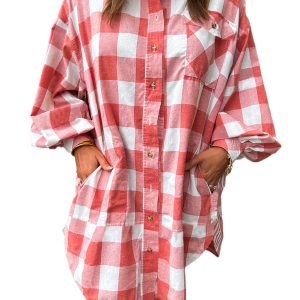 Women's Pink Oversized Plaid Puff Sleeve Shirt Dress with Round Hem - Main View