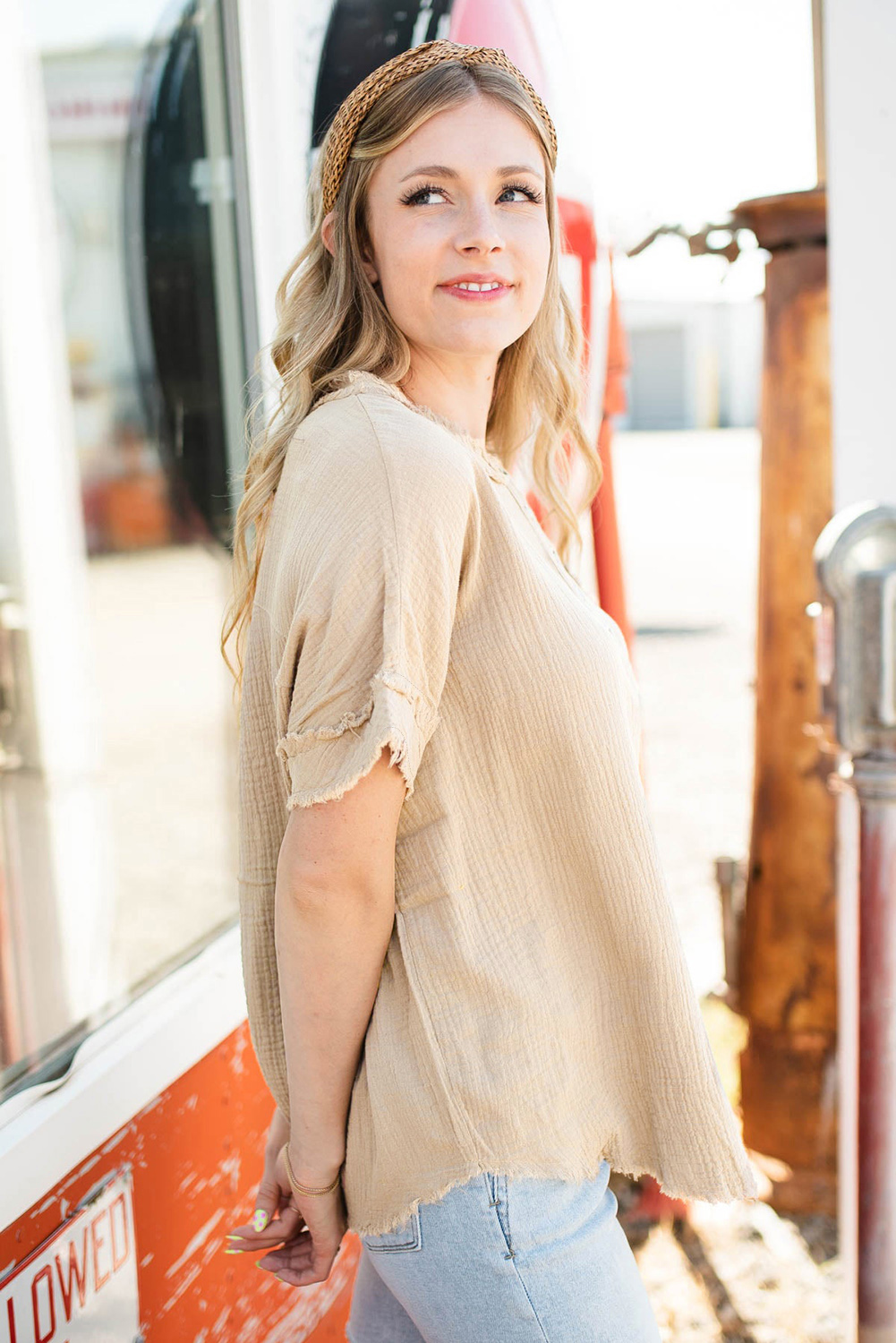 Short Sleeve Cotton Henley, Textured Parchment Summer Top - Detail View 11 Short Sleeve Cotton Henley, Textured Parchment Summer Top - Detail View 11