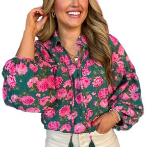 Women's Green Floral Printed Tied Collar Puff Sleeve Blouse - Elegant and Charming - Main View