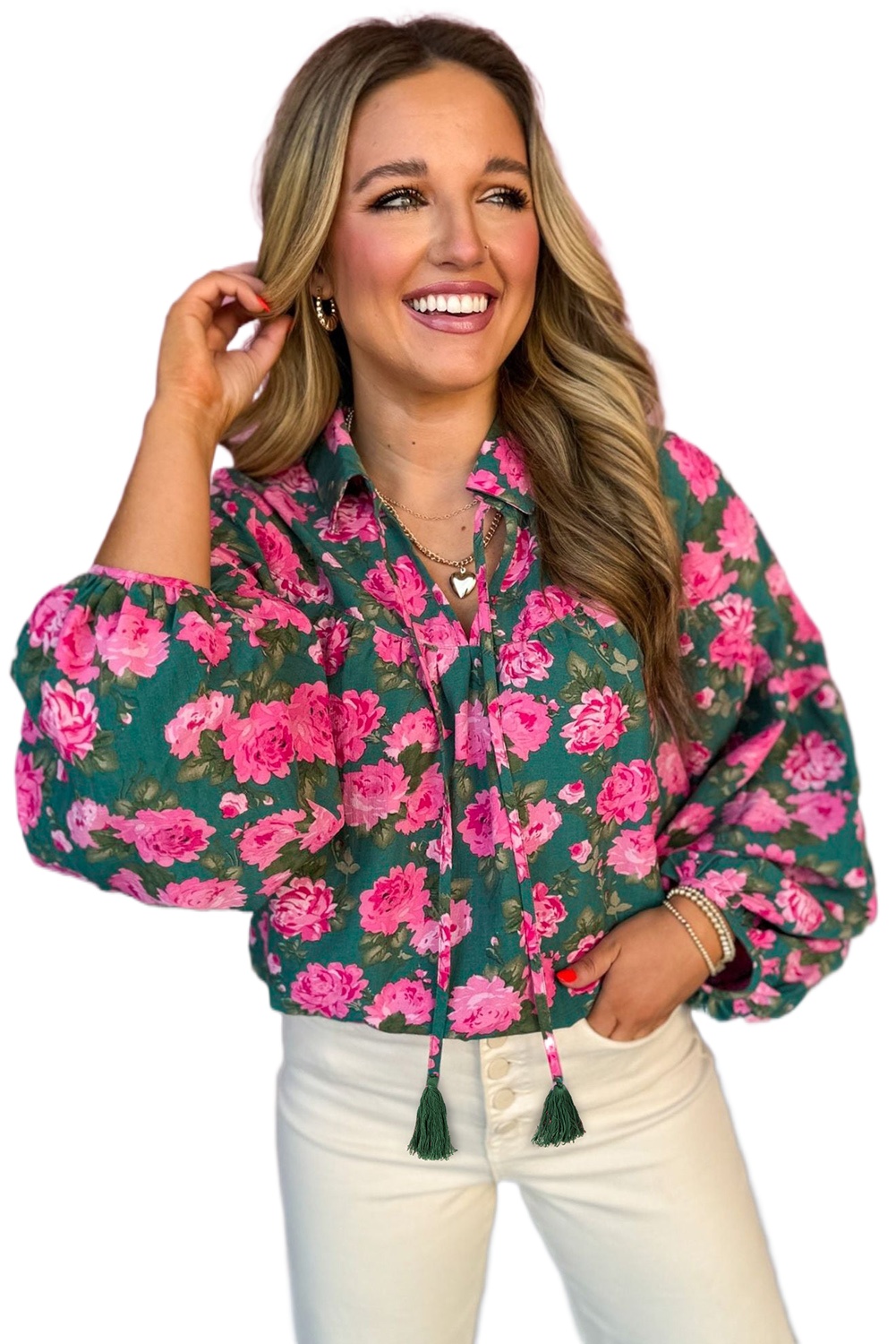 Women's Green Floral Printed Tied Collar Puff Sleeve Blouse - Elegant and Charming - Main View Women's Green Floral Printed Tied Collar Puff Sleeve Blouse - Elegant and Charming - Main View