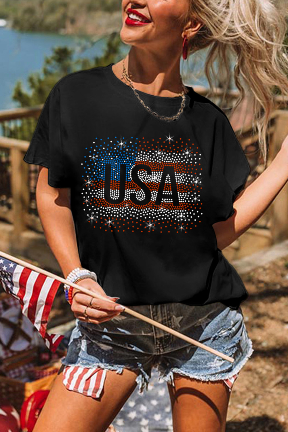 Trendy Short Sleeve Tee: Black Rhinestone America Flag Design - Detail View 2 Trendy Short Sleeve Tee: Black Rhinestone America Flag Design - Detail View 2