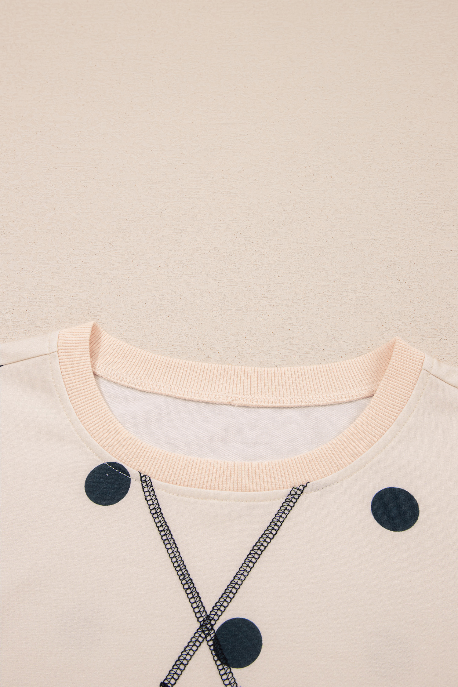 Beige Polka Dot Sweatshirt, Relaxed Round Neck Split Hem Top - Detail View 14 Beige Polka Dot Sweatshirt, Relaxed Round Neck Split Hem Top - Detail View 14