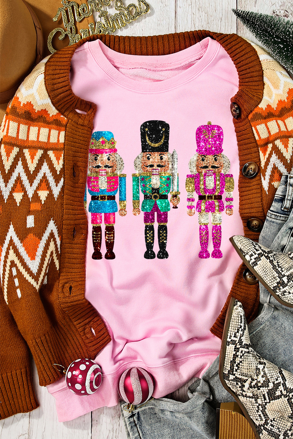 Holiday Nutcracker Print Sweatshirt, Soft Cotton Blend Crew - Detail View 3 Holiday Nutcracker Print Sweatshirt, Soft Cotton Blend Crew - Detail View 3