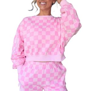 Women's Pink Plaid Lounge Set, Long Sleeve Crop Top Shorts - Main View