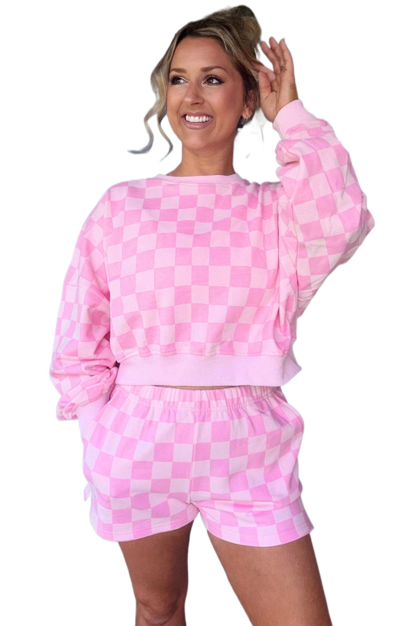 Women's Pink Plaid Lounge Set, Long Sleeve Crop Top Shorts - Main View Women's Pink Plaid Lounge Set, Long Sleeve Crop Top Shorts - Main View