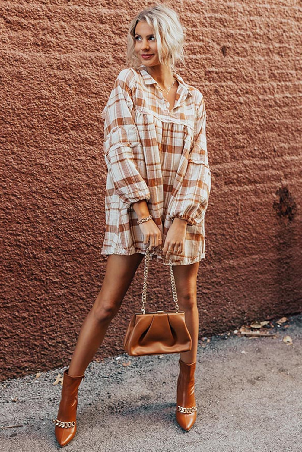 Women's Mini Dress, Brown Plaid, Frilled Babydoll, Side Pockets, Casual Dress, V Neck, Long Sleeve, Fall Fashion, Playful Style, Youthful Appearance, Cotton Dress, H-Line Silhouette, Special Events, Comfortable Wear, Best Sellers - Detail View 4 Women's Mini Dress, Brown Plaid, Frilled Babydoll, Side Pockets, Casual Dress, V Neck, Long Sleeve, Fall Fashion, Playful Style, Youthful Appearance, Cotton Dress, H-Line Silhouette, Special Events, Comfortable Wear, Best Sellers - Detail View 4