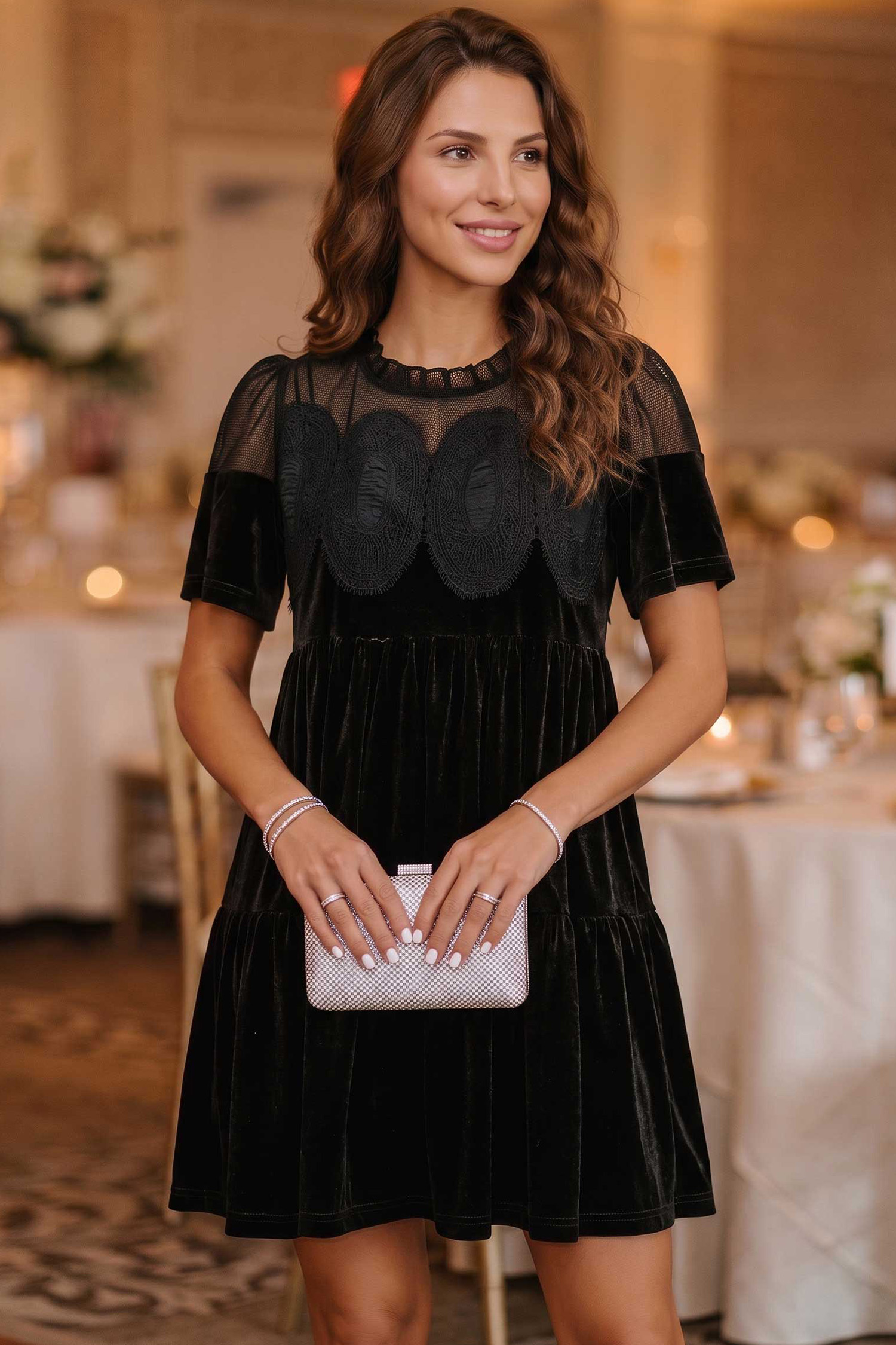 Short Sleeve Velvet Mini Dress, Chic Contrast Lace Night Out - Detail View 5 Short Sleeve Velvet Mini Dress, Chic Contrast Lace Night Out - Detail View 5