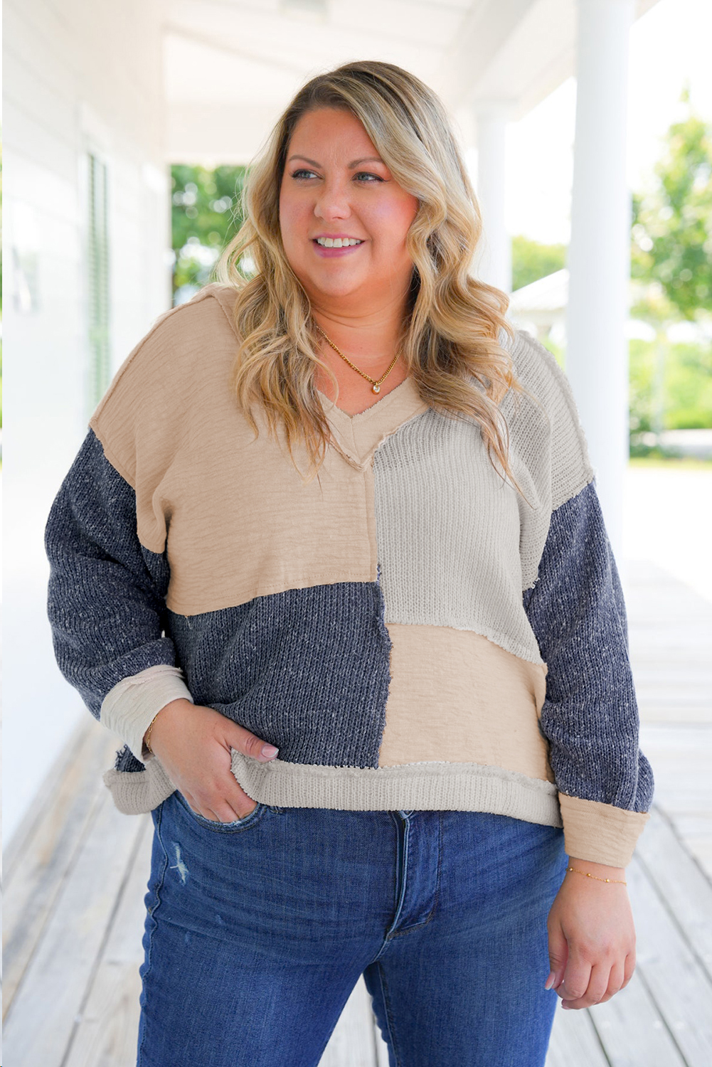 Chic Plus Size Casual Top - Ashleigh Blue Colorblock V Neck with Drop Shoulders - Detail View 6 Chic Plus Size Casual Top - Ashleigh Blue Colorblock V Neck with Drop Shoulders - Detail View 6