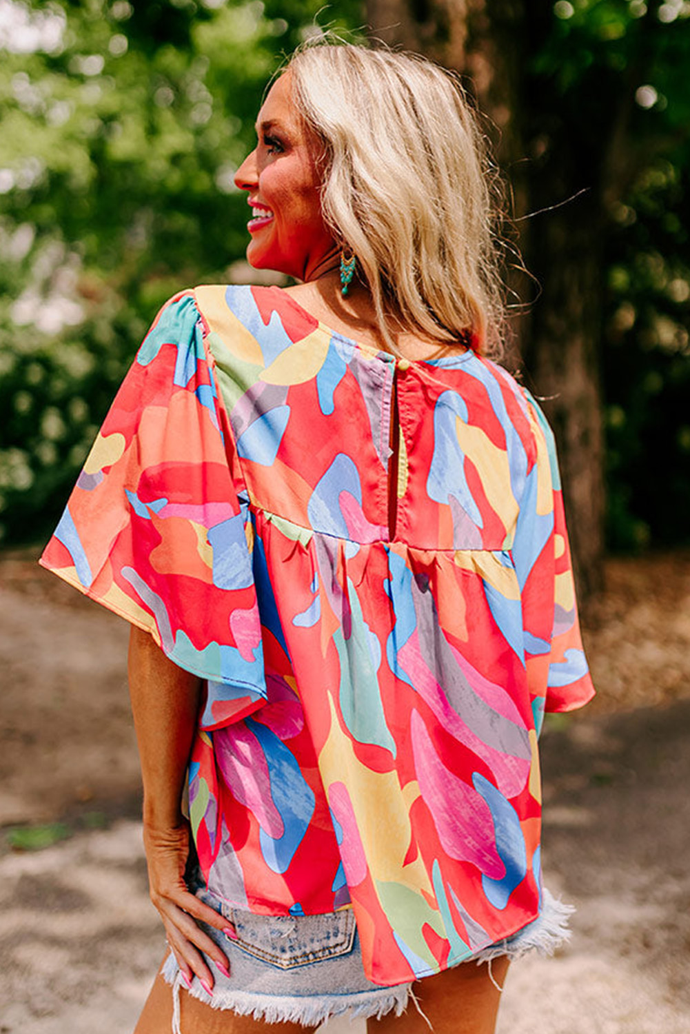 Vibrant Multicolor Peplum Blouse, Round Neck Summer Top - Detail View 2 Vibrant Multicolor Peplum Blouse, Round Neck Summer Top - Detail View 2
